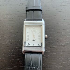 Vintage Seiko Reverso Frame Tank Watch White Dial Silver Bezel